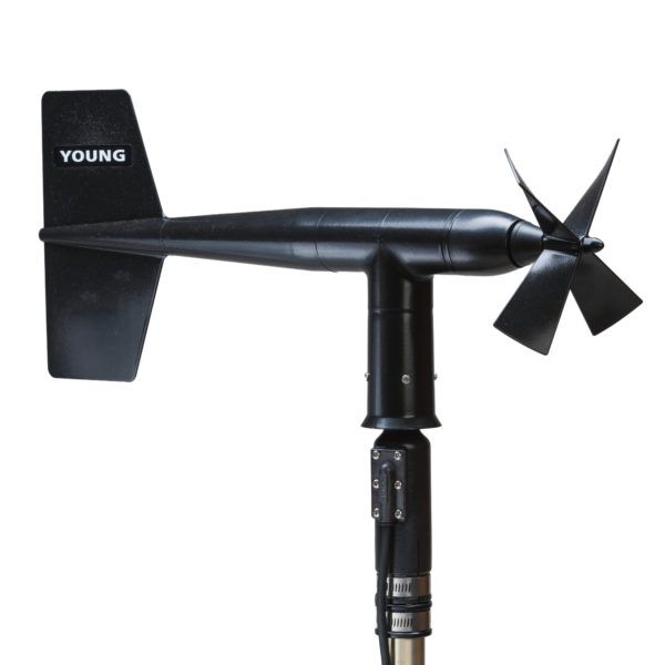 The YOUNG  **Model 05108-45 Heavy Duty Wind Monitor HD-Alpine**  measures horizontal wind speed and direction.  This sensor includes ceramic bearings, ¼ inch diameter propeller shaft and high pitch propeller as found in Model 05108.  To improve performance in in high elevation Alpine environments this model has the additional features of an all-black design for thermal warming from sun exposure and a specially formulated, ice resistant coating applied to all external surfaces.  The direct output for wind speed is an AC sine wave and direction is a precision potentiometer.  This sensor mounts on a standard 1-inch IPS pipe.  A mounting orientation ring is included.

A separate Surge Protection Assembly, **Model 19120** , is available that doubles as both a junction box for cable termination and additional electrical transient surge protection.  Separate signal conditioning devices are available to convert the sensor signals to 0-5 V ( **Model 05608C** ) or 4-20 mA ( **Model 05638C** ).  All three of these devices are enclosed in weatherproof enclosures and come with mounting hardware (Model 19120 is not typically used in conjunction with either Model 05603C or 05631C).

 