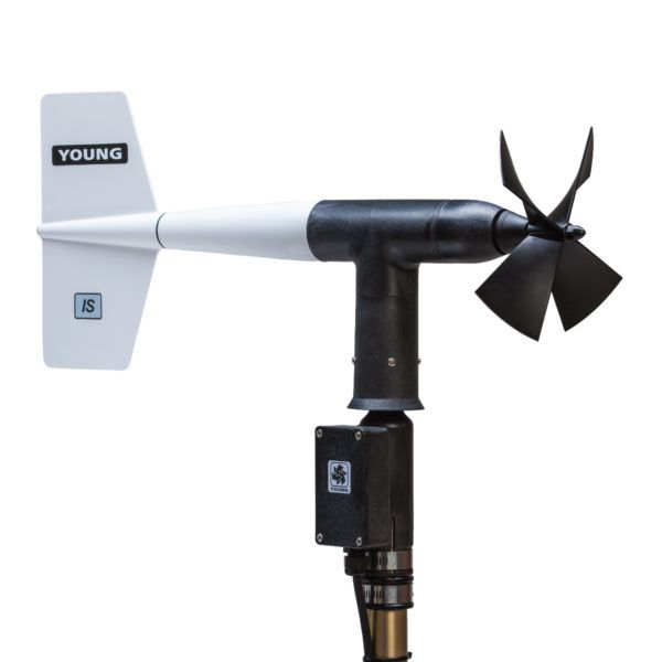 The YOUNG  **Model 05501LM Wind Monitor-IS**  measures horizontal wind speed and direction and can safely be used in Class 1, Division 1, Group A,B,C,D hazardous areas.*  A four-blade helicoid propeller, used to measure wind speed, generates an AC sine wave signal upon rotation.  Wind direction is determined by a vane attached to a precision potentiometer inside an internal housing.  Internal circuitry converts the signals into isolated, 4 to 20 mA current outputs.  The instrument is constructed of UV stabilized plastic with stainless steel and anodized aluminum fittings.  The instrument installs on standard 1-inch IPS pipe.  A mounting orientation ring is included that engages with the base of the sensor to retain orientation when the sensor is removed for maintenance.  Terminations are made in a junction box at the base of the sensor by small clamp-style connectors (no special connectors are required).

*Tested in accordance with Safety Standard UL 913, Intrinsically Safe Apparatus and Associated Apparatus for use in Class I, II, and III Division I, Hazardous (classified) locations. Must be properly installed with approved Intrinsically Safe barrier.