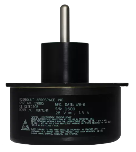 The 0871LH1, manufactured by Goodrich, is a sensor that detects the presence of icing conditions so that appropriate actions can be taken to prevent damage to power and communication lines, to warn of road hazards, or to keep ice off wind turbine blades or a plane’s wings.

 **Detailed Description**
The 0871LH1 uses resonant frequencies to determine the presence of icing conditions. Its main component is a nickel alloy rod that has a natural resonant frequency of 40 kHz. As ice collects on the rod, the added mass causes the resonant frequency to decrease. When the frequency decreases to 130 Hz (or 0.02-in. layer of ice), an internal heater automatically defrosts the sensor.

 **Wind Energy Applications**
The 0871LH1 can detect ice on a wind turbine’s blade, which is undesirable because:

Blade can throw large chunks of ice a considerable distance—an extremely dangerous, potentially lethal situation.
Formation of ice can cause unbalanced loading on the turbine’s blades, bearings, and gear box.
Ice reduces the turbine’s power output.

The 0871LH1 can be used for wind prospecting applications by helping predict the amount of time a potential wind power site may be out of commission due to icing conditions. Additionally, the sensor lets users know when ice is preventing their wind sensors from providing data.
