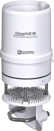 The ClimaVue™50 is an affordable all-in-one meteorological sensor that fulfills your common weather monitoring needs with simplicity, when paired with any of Campbell Scientific's highly flexible and scalable data collection platforms. This sensor uses SDI-12 to report air temperature, relative humidity, vapor pressure, baro­metric pressure, wind (speed, gust, and direction), solar radiation, precipitation, and lightning strike (count and distance). It does this with no moving parts, while consuming little power. A built-in tilt sensor assures long-term data integrity. This diverse product is great for quick deployment, for remote locations, for large networks, as part of a more complex system, or if you just need something simple.