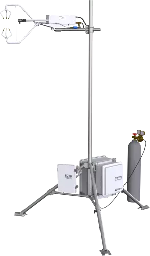 he CPEC310 with EasyFlux® is a turn-key, closed-path eddy-covariance (EC) flux system for long-term monitoring of atmospheric-biosphere exchanges of carbon dioxide, water vapor, heat, and momentum. A complete system consists of a closed-path gas analyzer (EC155 closed-path gas analyzer), sonic anemometer (CSAT3A sonic anemometer), data logger (CR6 datalogger), sample pump, three-valve module that enables automatic zero and CO2 span measurements (manual H2O span), and accommodations for a CDM-A116 analog input expansion module allowing for additional sensors.

The gas analyzer’s patented vortex intake design (United States Patent No. 9,217,692) and small sample cell volume (5.9 mL) provide a much lower flow rate than other closed-path systems while maintaining excellent frequency response (4.3 Hz cutoff frequency). Additionally, this design makes the system virtually maintenance free while still maintaining an ideal frequency response compared to traditional inline filters. Lower flow allows the CPEC310 to have one of the lowest total system power requirements (12 W) of any closed-path eddy covariance system. Campbell Scientific manufactures all components of the CPEC310, including the data logger and EasyFlux® DL software for computing and correcting fluxes, which gives our system the most reliable functionality.