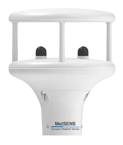 The MetSens200 compact weather sensor measures wind speed and direction via an ultrasonic sensor. An integrated electronic compass allows the MetSens200 to provide accurate, relative wind direction measurements without being oriented in a particular way, making installation easier. WMO average wind speed and direction and gust data are provided. The MetSens200 is compatible and easily integrated with the MeteoPV Solar Resource Platform and any Campbell Scientific data logger using SDI-12, RS-485, ModbusRS-485, or NMEA RS-232.