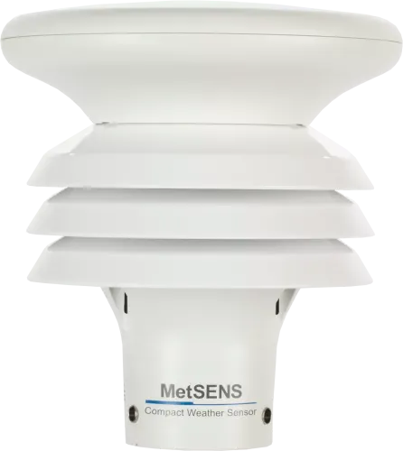 The MetSens300 compact weather sensor measures air temperature, relative humidity, and barometric pressure in a single, combined instrument mounted inside three double-louvered, naturally aspirated radiation shields with no moving parts. Temperature, relative humidity, barometric pressure, absolute humidity, air density, and wet bulb temperature data are provided. The MetSens300 is compatible and easily integrated with the MeteoPV Solar Resource Platform and any Campbell Scientific data logger using SDI-12, RS-485, ModbusRS-485, or NMEA RS-232.