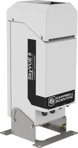 The SkyVue™8 LIDAR Ceilometer is ideal for measuring cloud base heights and vertical visibility at airports, helipads (onshore or offshore), and other meteorological applications. The SkyVue 8 measures the atmosphere with high stability and repeatibility, providing you with information on cloud base heights, sky condition (up to five layers), vertical visibility, and raw backscatter profiles. Notably, the ceilometer meets or exceeds all the necessary ICAO, CAA, and WMO requirements and recommendations.

Because of its robust construction, the SkyVue 8 only requires minimal maintenance and can be continuously used in either static or mobile applications in harsh environments. Its compact design and low weight of 18 kg make it easy to transport and deploy.

With an operational reporting range of 8 km, the SkyVue 8 has one of the highest in its class. It is easy to use yet features advanced signal processing and unique optics to provide superior resolution and performance.

The SkyVue 8 has many standard features, from a tilting base and two-axis inclinometer for automatic correction of cloud base heights to heaters, blowers, and a sun filter for operation under all conditions—making deployments possible around the world.

Unique standard features include an easy-to-operate stratocumulus calibration, long-life back-up battery, and twin clocks to augment its many continuous diagnostic self-checks and provide assurance of continuous, reliable, and accurate performance.

 **Detailed Description**
The SkyVue 8 LIDAR ceilometer measures cloud base heights and vertical visibility for meteorological and aviation applications. Using LIDAR (LIght Detection And Ranging) technology, the ceilometer transmits fast, low-power laser pulses (not harmful to eyes) into the atmosphere and detects backscattered returns from clouds and aerosols above the instrument. 

A unique, efficient, single-lens design increases optical signal-to-noise ratio and allows for larger optics in a compact package, improving accuracy and measurement performance.

This approach, along with state-of-the-art electronics, provides a powerful and stable platform from which to measure cloud base heights and vertical visibility to high accuracy. The SkyVue 8 measures the atmosphere with high stability and repeatability, delivering excellent performance in even the harshest of conditions.

The SkyVue 8 provides information on cloud base heights, sky condition (up to five layers), vertical visibility, and raw backscatter profiles to a range of 8 km.

The unique stratocumulus calibration capability, which allows users to calibrate measurements of scatter coefficients, uses a simple and user-friendly field method, giving complete confidence in the scatter profiles reported and removes the requirement to have the unit sent back for calibration. 

Reliable range measurement is further assured by cross-checking two separate internal quartz clocks, eliminating the possibility of unidentified errors due to clock drift.

The SkyVue 8 can be tilted at various angles up to 24°. Tilting the SkyVue 8 by even a few degrees can be important, as it allows the ceilometer to resist high levels of reflection from large raindrops and frozen particles that can impair vertical-type sensors. The tilt also improves rain run-off on the ceilometer window, resulting in a much higher performance compared with vertical ceilometers.

Tilting to 24° also means that it can be operated anywhere in the world without the sun shining into the lens and resulting in missing data. An internal two-axis inclinometer provides automatic correction of cloud base heights at all angles, ensuring ease of installation and confidence that cloud base heights are automatically corrected throughout the lifetime of the installation.

The SkyVue 8 complies with ICAO, CAA, and WMO guidance and meets or exceeds all recommendations and specifications. (This includes ICAO 9837, ICAO Annex 3, CAP437, and CAP746.)

 **Software for data visualization and interpretation **
Ceilometer data can be displayed using Campbell’s Viewpoint software or fed directly into existing data systems. The Campbell Viewpoint software will display the output from the ceilometer in a convenient and configurable form, including information on sky condition, mixing layers, scatter profiles, etc. All can be displayed simultaneously or separately with ranges and time scales. For more information on Viewpoint click here