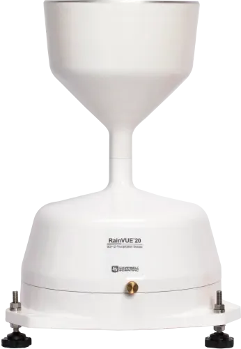The RainVue™️20 is ideal for many hydrological or meteorological applications such as weather stations and flood warning systems. The RainVue 20 is an SDI-12 tipping bucket rain gage in the RainVue family of products. Advanced algorithms and digital processing within the sensor compensate for errors caused by high-intensity rain and provide accurate precipitation and intensity measurements. Constructed of an aerodynamic powder-coated aluminum funnel, the RainVue 20 is robust and minimizes the amount of liquid precipitation that is lost due to the effects of wind. This rain gage offers the user flexibility with the option to select from a series of set cable lengths or a user-defined cable length.

The RainVue 20 funnels rainfall through a stainless-steel gauze filter that traps and removes debris. The rainfall flows through a nozzle into one of the two halves of the tipping bucket. The internal tipping bucket assembly rotates around precision, rolling pivot bearings. It tips when the first bucket fills to a fixed calibrated level, and then the balance arm moves the second bucket under the funnel. A magnet attached to the balance arm actuates a reed switch as the bucket tips.

The aerodynamic design of the RainVue 20 prevents wind from carrying the rainfall away from the collecting vessel. With traditional cylindrical rain gages, wind can reduce the rainfall catch by up to 20 percent. The RainVue 20 also includes a microprocessor that corrects for rainfall intensity and outputs an SDI-12 signal.