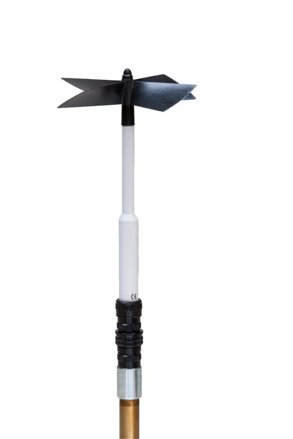 The YOUNG  **Model 27106T Gill Propeller Anemometer (CFT)**  utilizes a fast response helicoid propeller and high quality tach-generator transducer to produce a DC voltage that is linearly proportional to air velocity.  Airflow from any direction may be measured, however, the propeller responds only to the component of the air flow which is parallel to its axis of rotation.  Off-axis response closely approximates a cosine curve with appropriate polarity.  With perpendicular air flow the propeller will not rotate.  The output signal is suitable for a wide range of signal translators and data logging devices.  The Model 27106T utilizes a carbon fiber thermoplastic (CFT) propeller for greater range and durability.

The  **YOUNG Model 27106DT Gill Propeller Anemometer (CFT)**  is a modified version of the Model 27106T.  It utilizes an optical encoder to produce a square wave, pulsed output, with frequency proportional to wind speed.