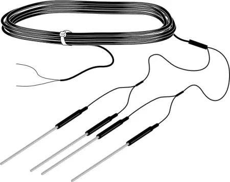 The TCAV-L typically provides the average temperature of the top 6 to 8 cm of soil for energy-balance in flux systems. It parallels four thermocouples together into one 24 AWG wire. Each member of a thermocouple pair can then be buried at a different depth. The two pairs are separated at a distance of up to 1 m.

The TCAV uses type E thermocouples, which are comprised of a chromel wire and a constantan wire joined at a measurement junction. A voltage potential is generated when the measurement end of the thermocouple is at a different temperature than the reference end of the thermocouple. The magnitude of the voltage potential is related to the temperature difference. Therefore, temperature can be determined by measuring the differences in potential created at the junction of the two wires.

A reference temperature measurement is required for thermocouple measurements. The temperature sensor built into many of our data loggers' wiring panel typically provides this measurement.