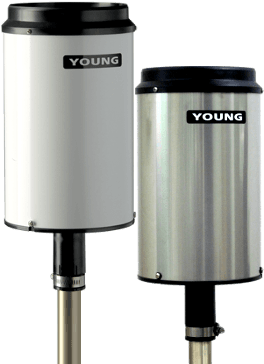 The YOUNG Tipping Bucket Rain Gauge utilizes a proven tipping bucket mechanism for simple and effective rainfall measurement. The bucket geometry and materials are specially selected for maximum water release, thereby reducing contamination and errors.  Catchment area of 200 cm2 and measurement resolution of 0.1 mm meet the recommendations of the WMO. Leveling screws and bullseye level are built in for easy and precise adjustment in the field. Measured precipitation is discharged through a collection tube for verification of total rainfall.

Model **52202** is heated for operation in cold temperatures.

Model **52203** is unheated for use in moderate climates.

Marine grade Models **52202-20** and **52203-20** with a stainless-steel housing are available for coastal (salt air) or other corrosive environments.

An optional Bird Wire Assembly, Model **52250**, may be use to discourage birds from perching on the funnel rim.

Heated models come with a standard 120 VAC to 24VAC power adapter for heater operation (230 VAC to 24 VAC for ‘H’ versions).