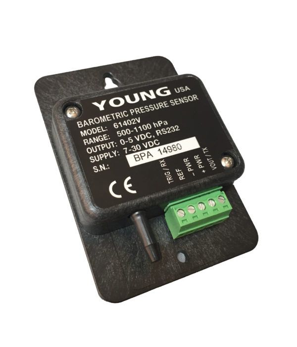 YOUNG barometric pressure sensors combine high accuracy and low power consumption over a wide range of pressures (500 to 1100 hPa) and temperatures.  The compact size allows easy placement in most standard enclosures.  The barometer is available in two configurations to satisfy a variety of applications:

Model  **61402V**  offers 0-5 VDC and RS-232 output

Model  **61402L**  offers 4-20 mA, RS-232, RS-485 and SDI-12 outputs.

For outdoor installation, Model 61360 Weatherproof Enclosure and Model 61002 Pressure Port are recommended.