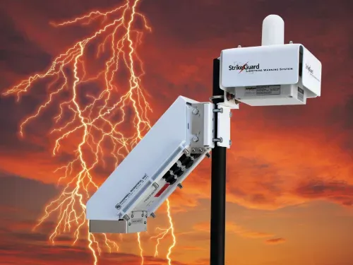 The SG000 is an optical-coincidence lightning sensor that detects actual lightning strikes for up to 20 miles away. Available as an option for our CS110 Electric Field Meter, the SG000 Strike Guard is used in conjunction with the CS110 to create a complete lightning-threat measurement and analysis system. Data from the two sensors can be used to control warning systems and to help personnel make evacuation and shutdown decisions.

 **Detailed Description**
The SG000 Strike Guard detects cloud and cloud-to-ground lightning within a 20-mile radius. Strike information is classified in three range categories as lightning detected within 5 miles, 10 miles, and 20 miles. To prevent false alarms, the SG000 requires an optical signal to coincide with a magnetic-field-change signal before reporting lightning.

The SG000 is typically mounted on the same tripod or pole as the CS110. The SG000 connects to the CS110 via the FC100, the 14291 Field Power Cable, and the FC100CBL1-L (typically 10+ feet), and the following equipment depending on which CS110 port it is connected to.

 **Lightning Detection Ranges**
The SG000 has three categories for lightning detection range estimates:

- CAUTION: Lighting is within 20 miles.
- WARNING: Lightning is within 10 miles.
- ALARM: Lighting is within 5 miles.
  **CS I/O Port**
- CS110CBL2-L (typically 9 feet)
- SC932A
- 16987 Peripheral Mtg kit
 **RS-232 Port**
- CS110CBL1-L (typically 9 feet)
The SG000 is an add-on option to the CS110. Due to a contractual agreement, it cannot be sold without the CS110, as a stand-alone sensor.