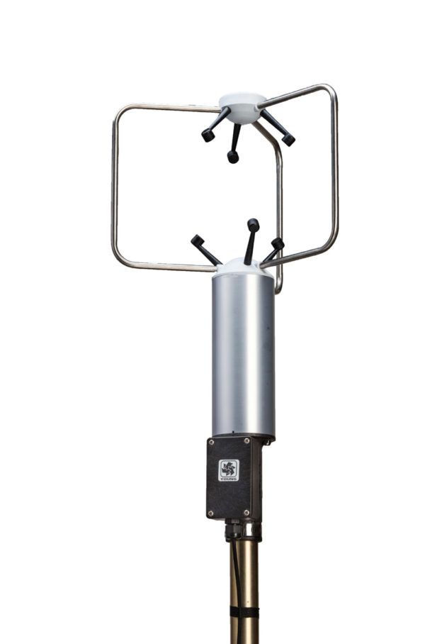 The YOUNG **Model 81000V Ultrasonic Anemometer** measures both horizontal and vertical wind speed and direction.  This sensor features durable, corrosion-resistant construction with three opposing pairs of ultrasonic transducers supported by stainless steel members.  Each sensor is fully wind tunnel tested and calibrated to provide accurate wind measurement.  The standard sensor features RS-232 and RS-485 serial outputs.  Four analog voltage inputs allow data from input devices to be included on the serial output string.  The sensor mounts on a standard 1-inch IPS pipe.  A mounting orientation ring is included that engages with the base of the sensor to retain orientation when the sensor is removed for maintenance.  Terminations are made in a junction box at the base of the sensor by small clamp-style connectors (no special connectors are required).