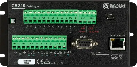 The CR310 is a multi-purpose, compact, low-cost measurement and control data logger that includes an integrated 10/100 Ethernet port and removable terminal connectors. This entry-level data logger, with its rich instruction set, can measure most hydrological, meteorological, environmental, and industrial sensors. It will concentrate data, making it available over varied networks, and deliver it using your preferred protocol. The CR310 also performs automated on-site or remote decision-making for control and M2M communications. The CR310 is ideal for small applications requiring long-term, remote monitoring and control.